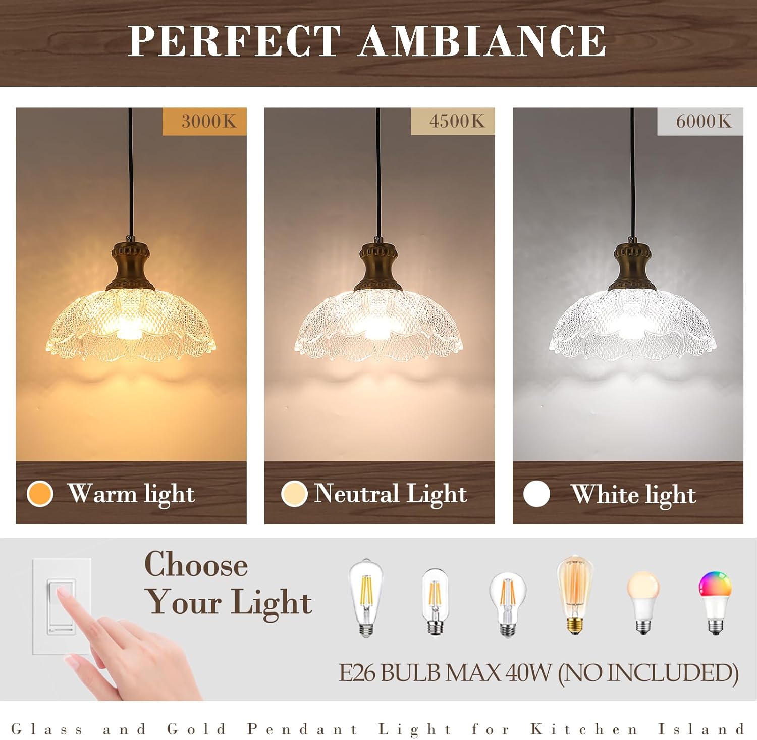 Island Pendant Lights for Kitchen, Clear Glass Pendant Light Fixtures, Modern Farmhouse Hanging Light for Kitchen Island Sink Dining Room Bedroom Cafe Bar, E26 Base (Transparent, 1 Pack)