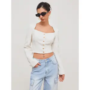 Cider [size 2-10] Tweed Square Neck Solid Button Crop Jacket