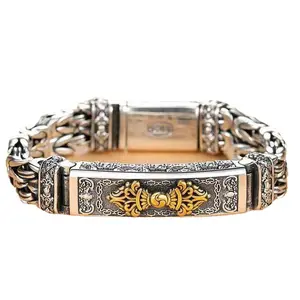 S925 Silver Plated Dorje Inlay Twisted Link Bracelet, Oxidized Vintage Heavy Chain for Men, Eastern Regal Aesthetic Statement Jewelry