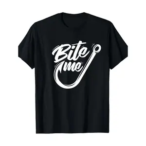 [Cotton Fishing T-Shirt] 100% Cotton Bite Me Angler Fishhook Graphic T-Shirt Black, All Season Comfort, Regular Fit, Short Sleeve T-Shirt, Gift for Men Women Dad Mom Friends
