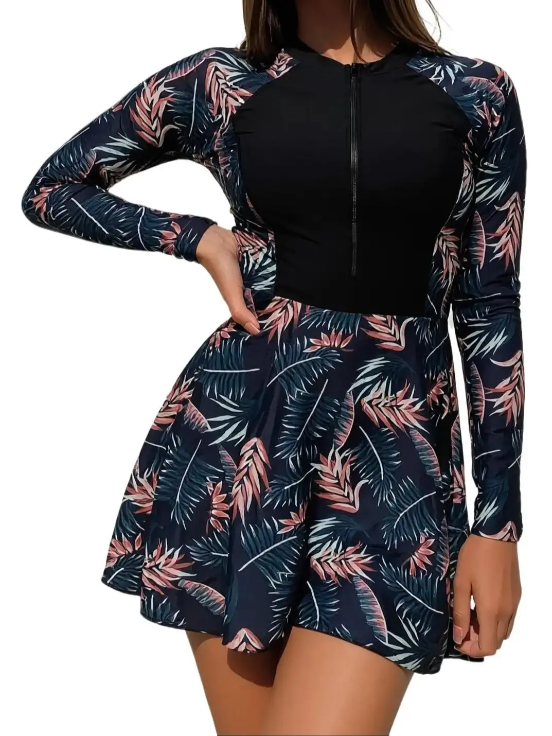 Tropical Palm Leaf Print Long-Sleeve Swim Dress, Front Zip Mesh Panel Modest Sun Protection One-Piece Bathing Suit for Women Summer Beach & Resort Vacation