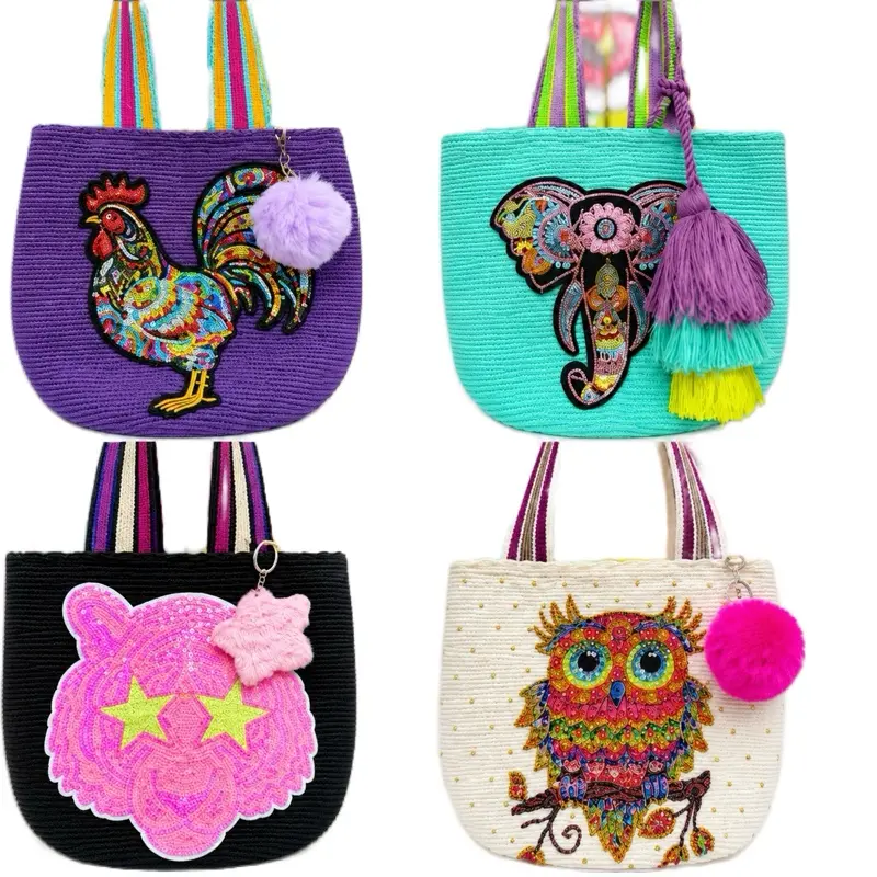 Handmade Wayuu Tote Bag with Sequin Appliqué  Crochet Shoulder Bag | Colombian Artisan Handbag
