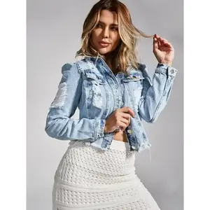 Women's Casual Denim Jacket with Ripped Design, Fashion Button-Up Jean Coat for All Seasons, Stylish Streetwear Outerwear