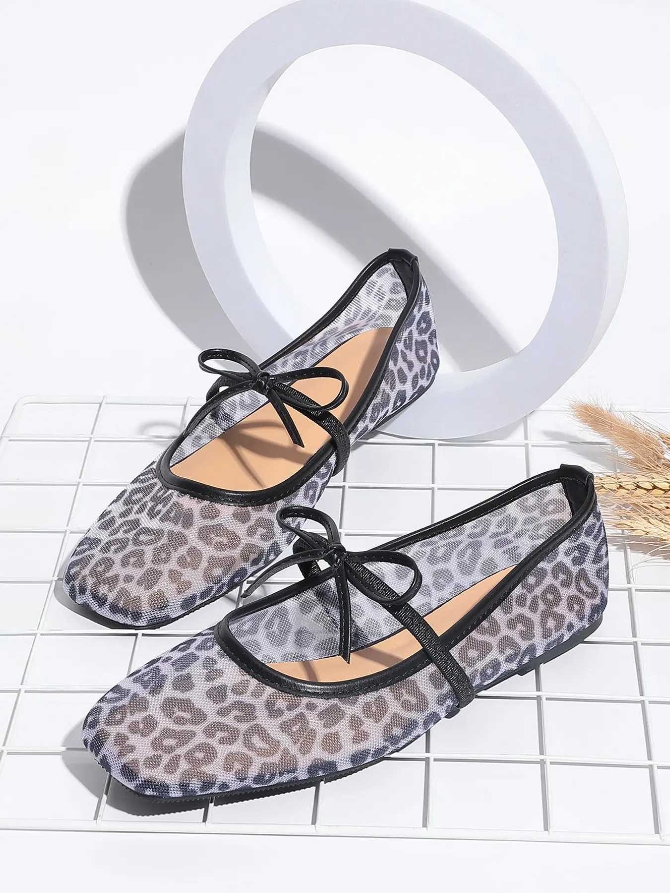 Women's Plus Size Flat Shoes, Bow Fashion Leopard Print Mesh Mary Jane, Summer Breathable Comfortable Ballet Flats, Footwear, Slip On Shoes