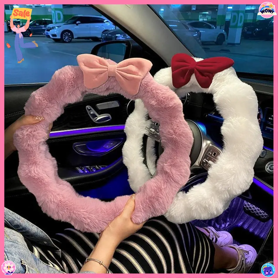 2026 New Plush Winter Car Steering Wheel Cover - Cozy Soft Polyester Car Accessory with Cute Bowknot, Warm Non-Slip Fit for All-Season Use, Car Accessories