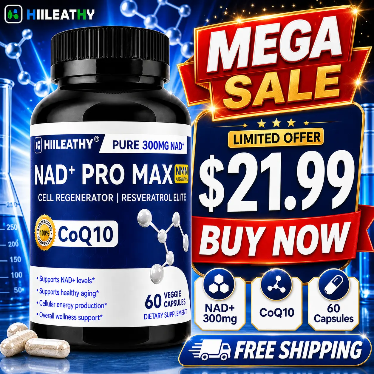 HIILEATHY NAD+ PRO MAX – Premium NAD+, CoQ10 & Resveratrol Blend | Anti-Aging, Breast & Hip Firming, Daily Vitality Supplement