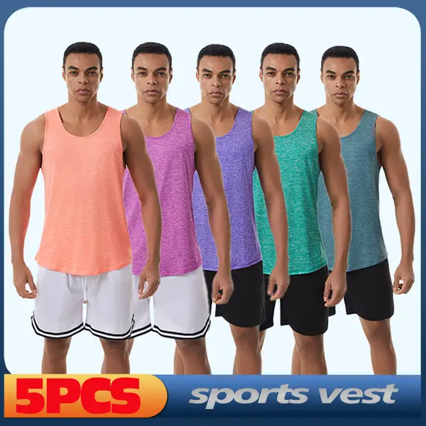Men's 5-Pack Fitted Athletic Cut Crew Neck Sports Vests, Quick-Dry Breathable Color Block Tops for Fitness & Basketball, Sports Clothing