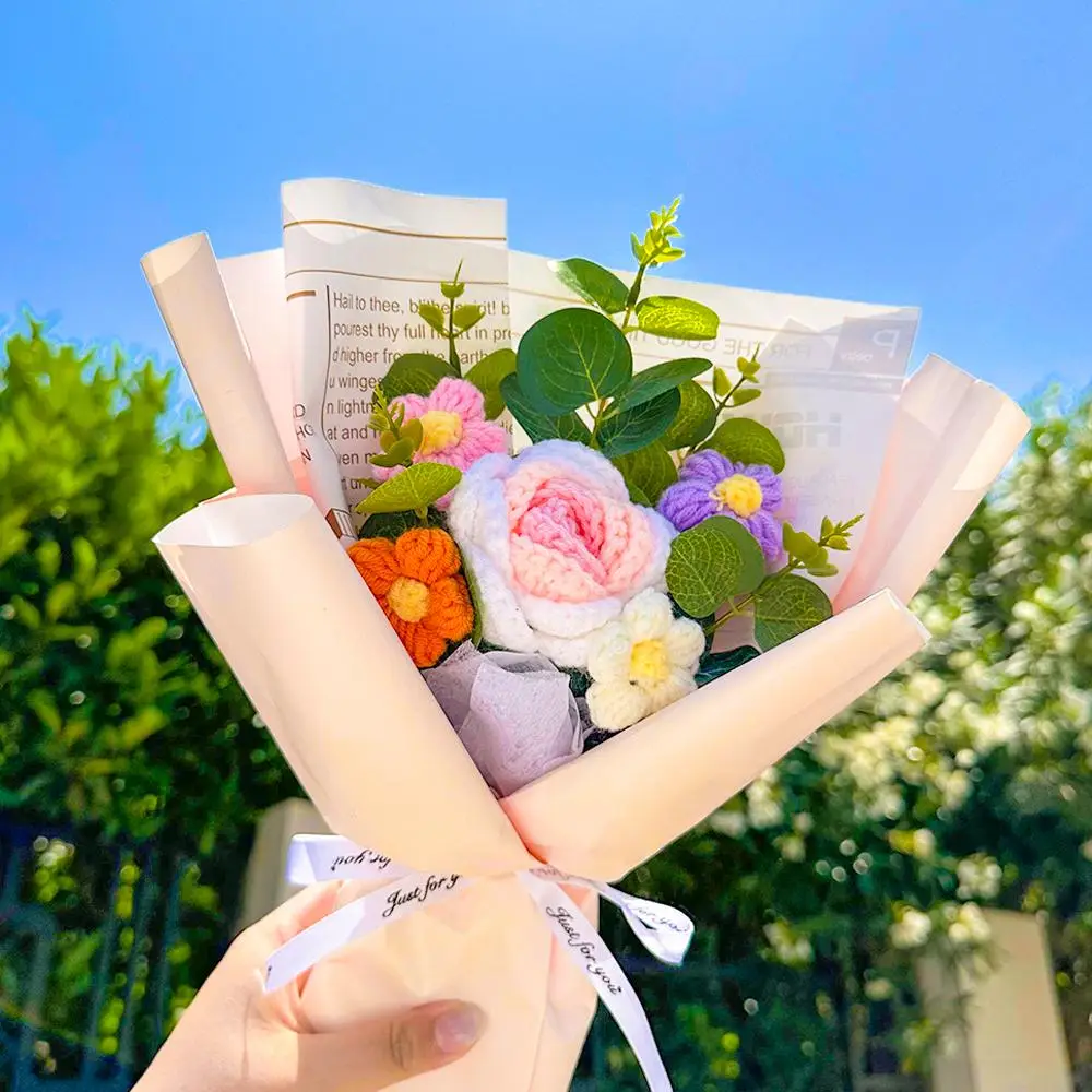 1 Count Artificial Hand Crochet Flowers Bouquet, Hand Woven Rose Flower Bouquet, Faux Knitted Sunflower Flower for Birthday Anniversary, Finished Arti