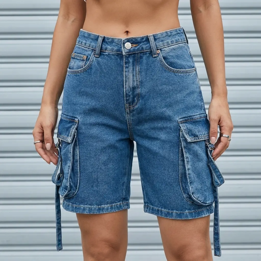 Women's High-Waisted Stretch Denim High Rise Bermuda Length Shorts - Polyester-Cotton-Elastane Blend, 350gsm Lightweight Fabric, Side Accordion Pockets, Machine Washable, Casual Streetwear Everyday Bottoms for Spring/Summer, High Rise Shorts, Everyday Sho