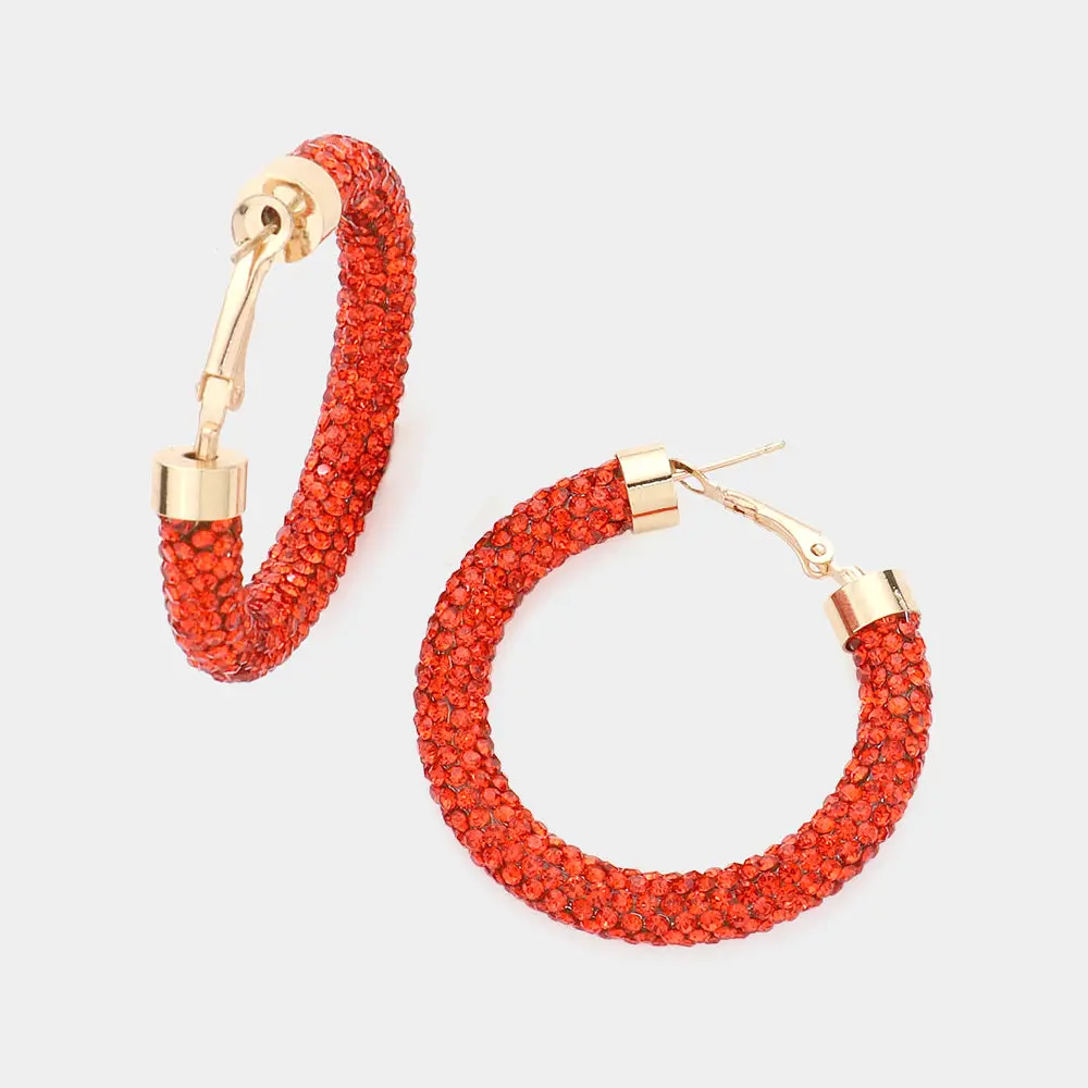 Orange Rhinestone Hoop Earrings  | 2.5" | 615233
