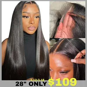 QTHair 28inch 13x6 Lace Frontal Wigs human hair Natural Black Straight lace front human hair wig For Women Medium Size Cap Pre-plucked Pre-bleached Transparent Lace Wigs With Baby Hair Customizable, Lace Glueless Wig
