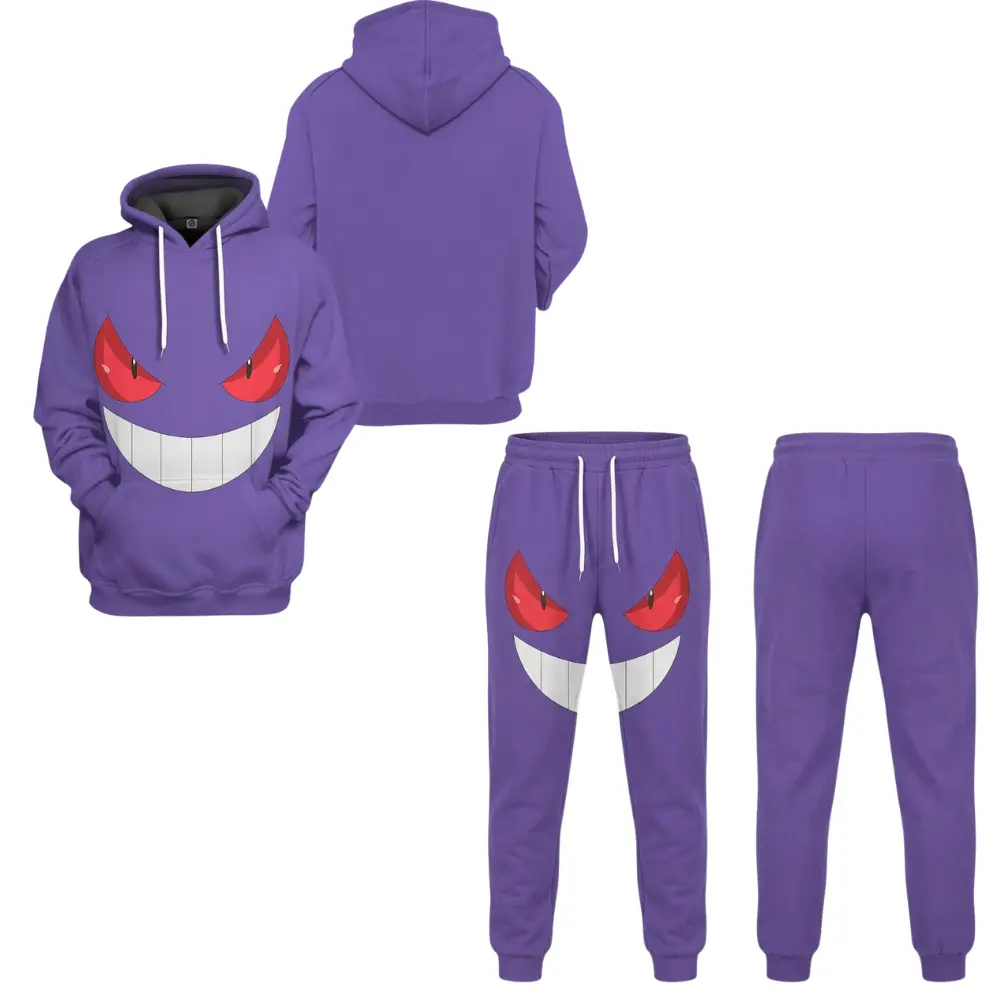 Shadow Ghost Pkm Hoodie and Sweatpants Set, Pocket Monsters Purple Shadow Ghost Red Eyes Smile Anime Outfit, Gift for Halloween