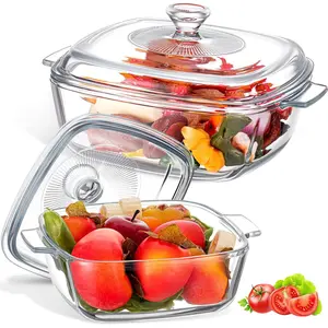 Maxcheck 2 Pieces Glass Casserole Dish with Lid 0.8L/ 1.5L Baking Casserole Dish Covered Cookware Microwave Bowls with Handle for Kitchen Restaurant Home Party Cooking, Oven Safe (Square)