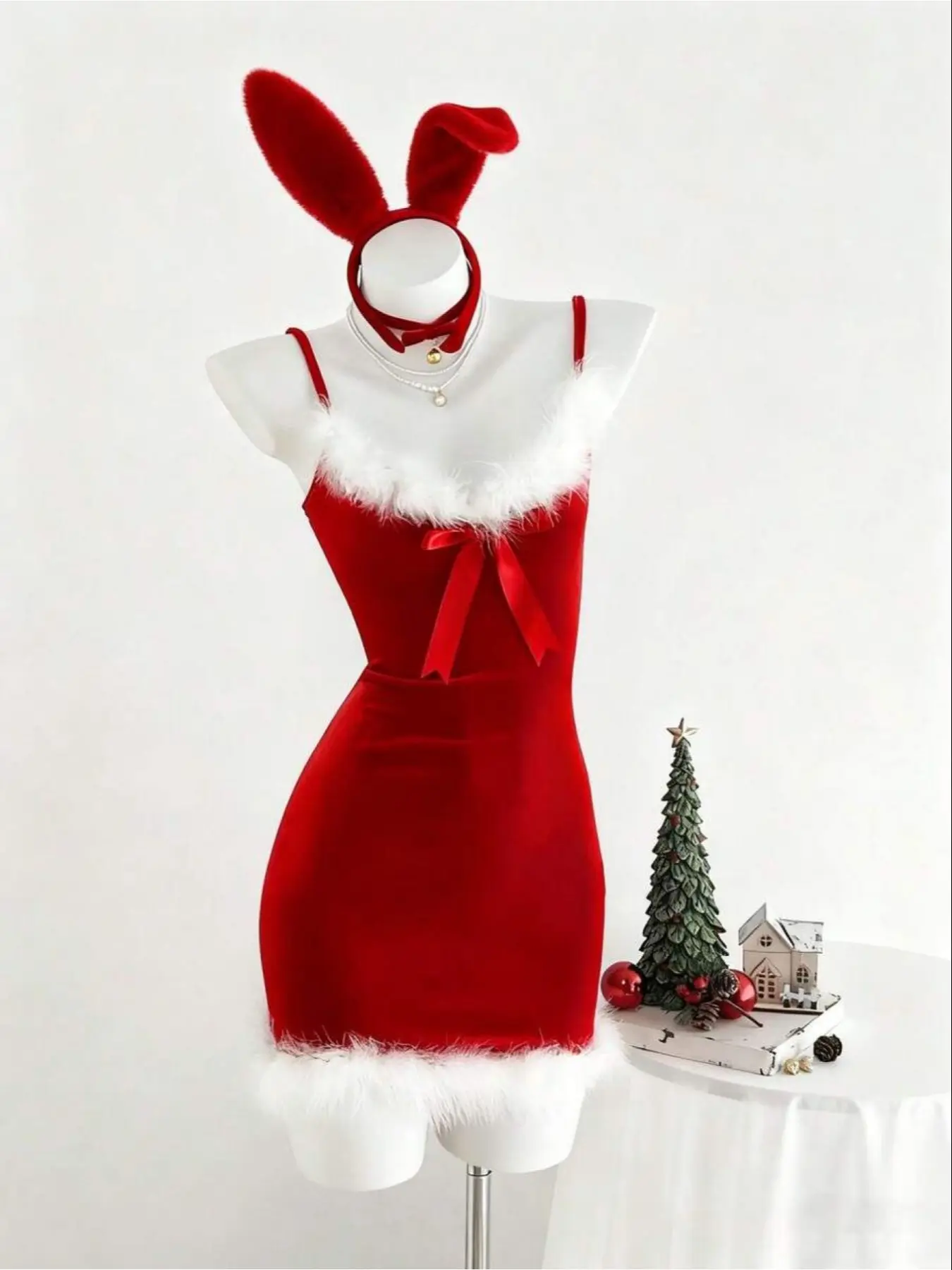 Women's Christmas Faux Fur Velvet Strapless Dress, Sexy Feminine Slim-Fitting Long Sleeve Knee Length, Casual Fall & Winter Fashion