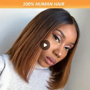 Local warehouse[Human Hair | Ombre Brown] 150% Density Human Hair Ombre Brown 4x4 BOB Wig | Pre-Plucked Lace Closure, Short Straight Bob Style, Natural Look & Versatile Styling for All Ethnicities