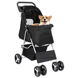 NOVA 4 Wheel Pet Dog Stroller Foldable Carrier Strolling Cart for Small Dog Cat W/Storage Basket & Cup Holder, Black