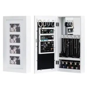 Wall Mounted Photo Frame Jewelry Cabinet with Mirror & Lock Boxes Gift