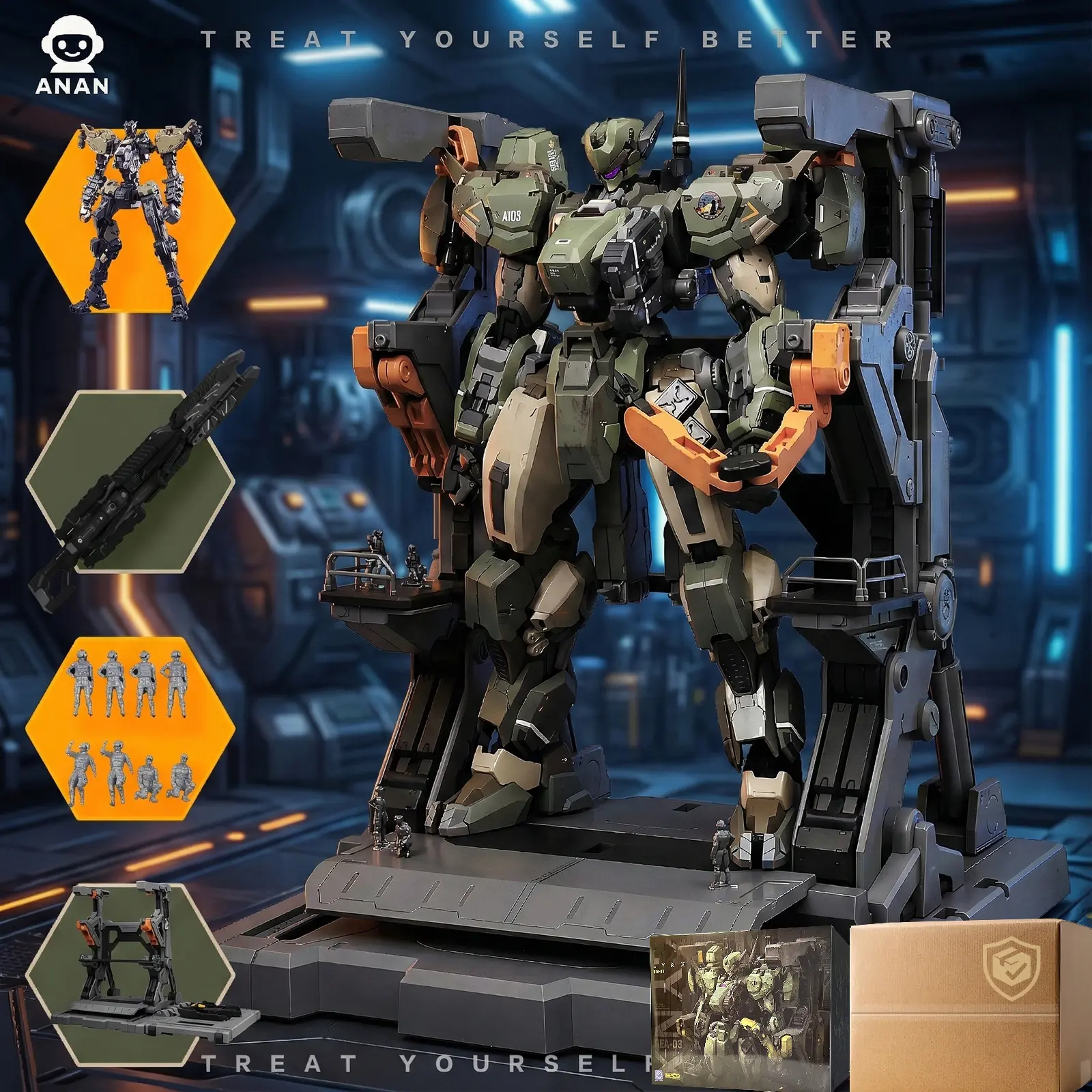 1:100 Scale Hard Core Tactical Mecha Model Kit, Pom Joints, Collectible Robot Action Figure, Anime Action Figure, Articulated Figures, Articulated Figurines, Set Figures, Includes Modular Repair Base & 8 Miniature Figures