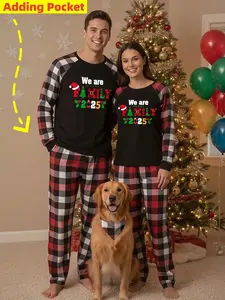 Christmas couple pajama set, checkered letter printed men's and women's long-sleeved pajama set, comfortable and machine-washable family Christmas pajama, suitable for holiday gifts/suitable for spring and autumn/autumn and winter outdoors