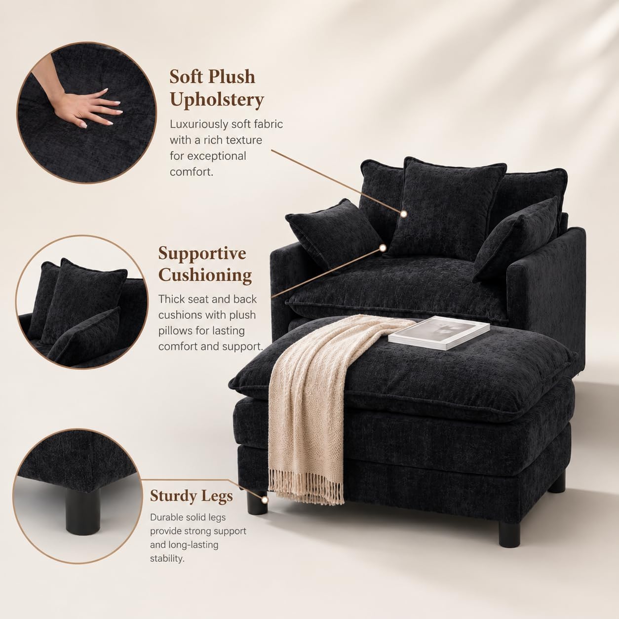 39.4" Modern Accent Chair with Ottoman, Living Room Club Chair Chenille Upholstered Armchair, Reading Chair for Bedroom (Black)