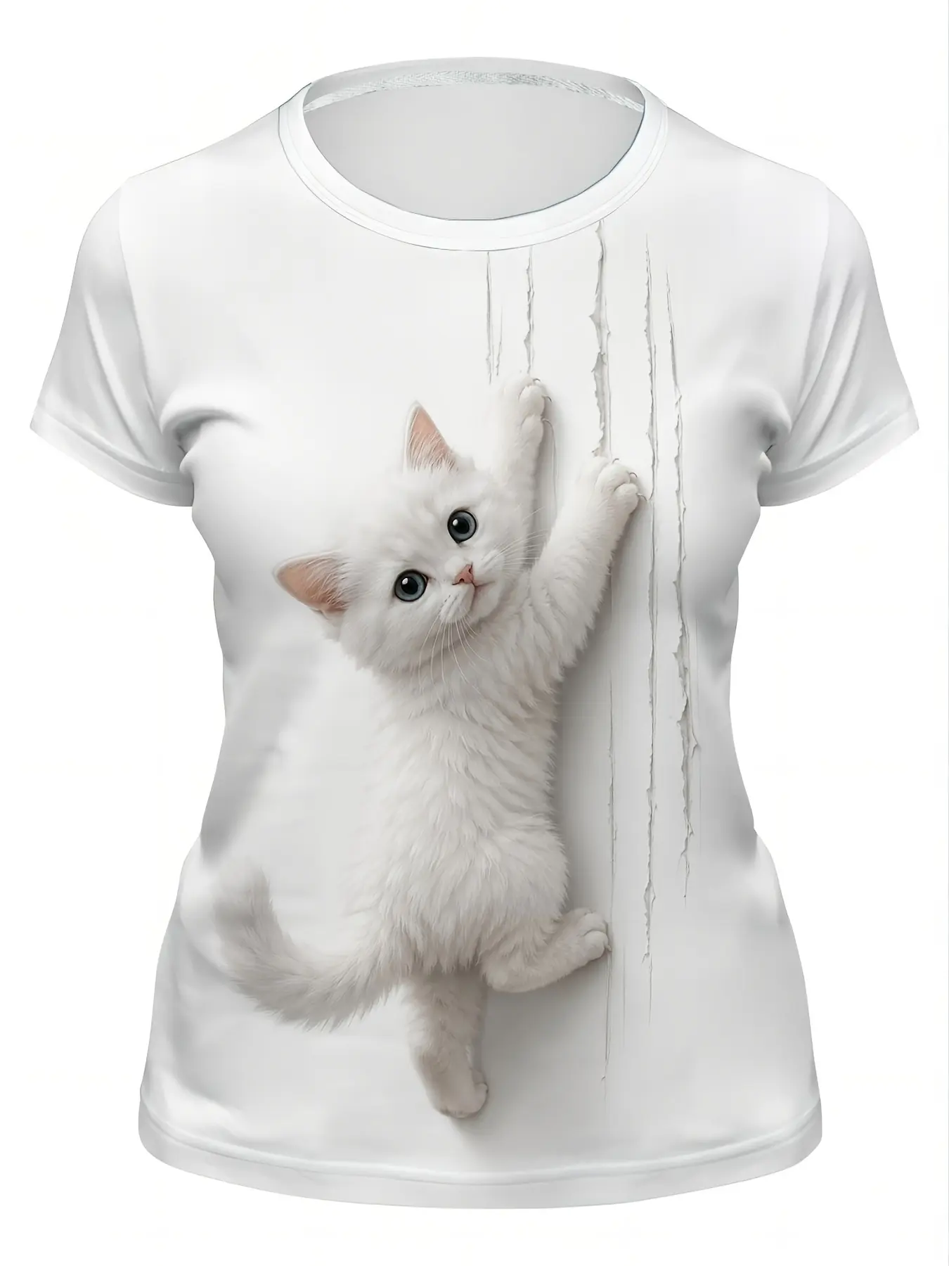 White Cat Climbing Tree Graphic Tee for Women - Comfortable Cotton T-Shirt with Adorable Feline Design