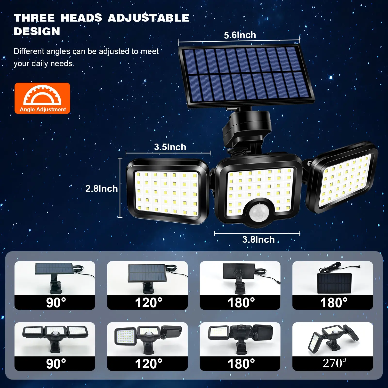 2 Pack Solar Lights Outdoor, 3 Head Motion Sensor Solar Security Lights with Remote Control, 108 LED Rotatable Flood Lights IP65 Waterproof Outdoor Sp