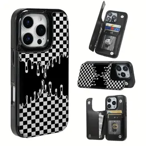 Phone Case - This TPU phone case features a checkerboard design, includes a card slot, and offers various functions for bank and transportation cards. It is compatible with iPhone 16 Pro Max, 16, 15 Pro, 14 Plus.