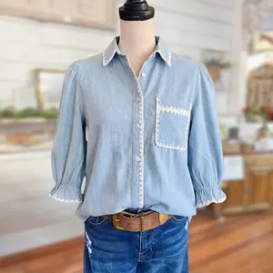 SageVell 100% Cotton 3/4 Puff Sleeve Chambray Shirt - Blue Collared Blouse with White Trim, Cottagecore Essential Top for Women