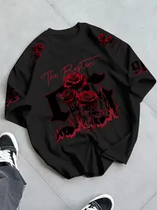 Men's Boston Rose Graphic Print T-Shirt, Loose Fit Street Style Short Sleeve Round Neck Summer Top, Casual Wear for Nightlife and Social Events