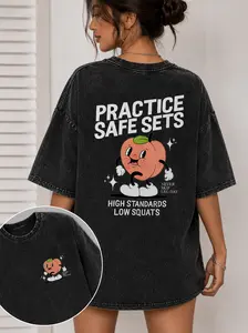 Practice Safe Sets Printed Gym Shirt, Washed T-Shirt, Oversized  Graphic Gym Shirt, Vintage Washed Tee Cotton, Menswear Fit Top Womenswear