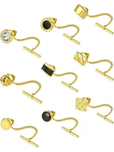 9Pcs Tie Pins for Men with Chain Tie Tack Clutch for Wedding Meeting Party Business Jewelry Black Plated