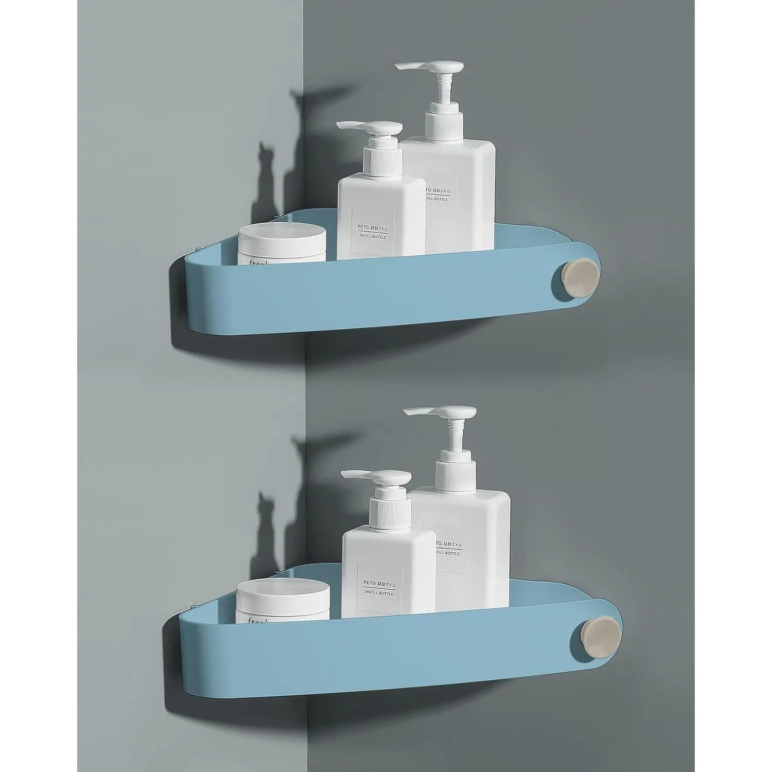 Bathroom Adhesive Corner Shelves (2-Pack) - Rust-Free Durable Plastic Organizer Rack with Hanger, Modern Light Blue Storage for Bathroom Accessories