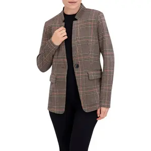 Inverted Collar Plaid One Button Unlined Blazer