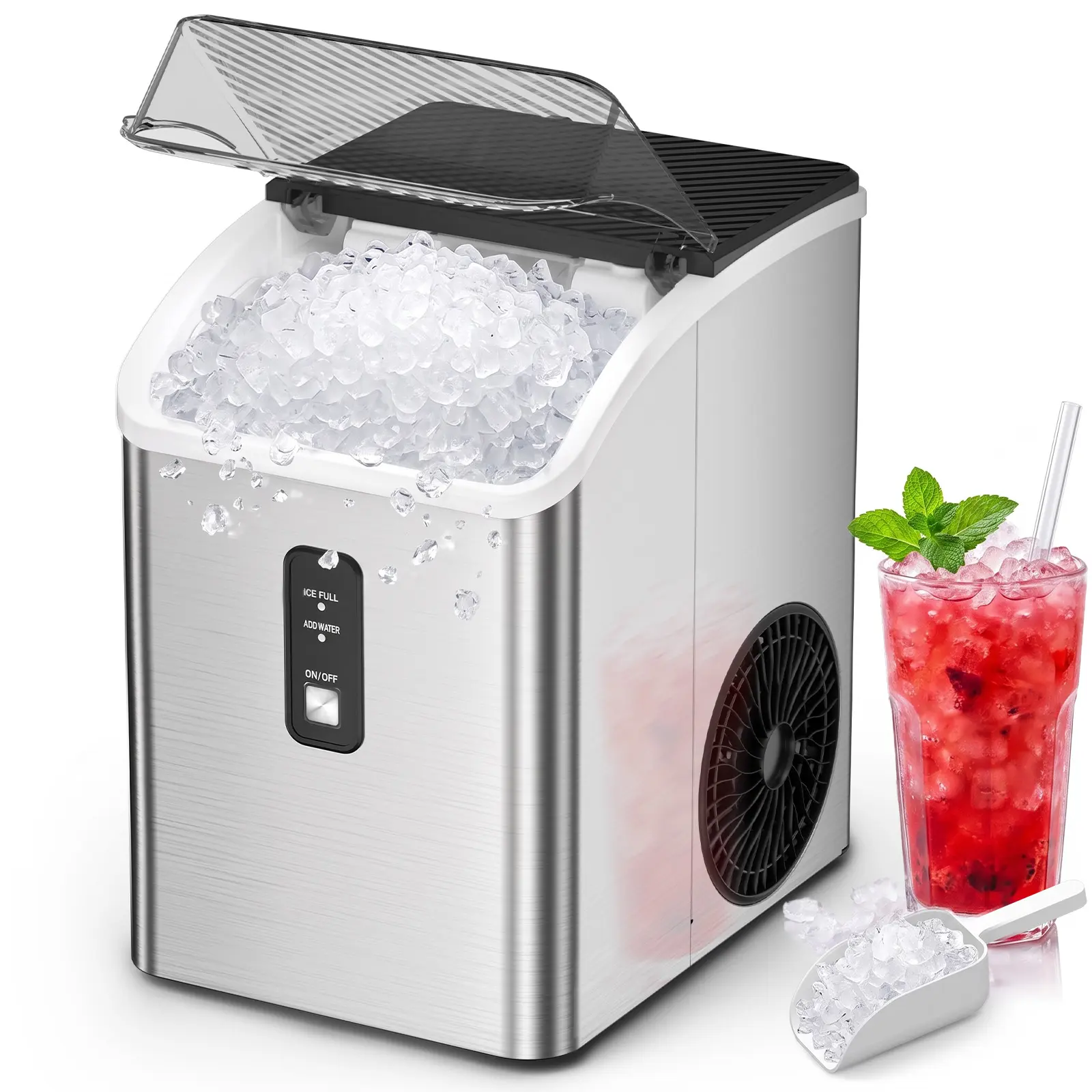COWSAR Countertop Pellet Icemachine, 34Lbs/Day Quick Ice Making Chewable Pebble Ice Maker with Self-Cleaning, Compact Plastic Portable Kitchen Appliance for Home Users, Office, RV