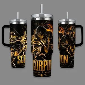 Scorpion Mortal Kombat 40oz Insulated Tumbler with Handle & Straw - Hellfire Gaming Travel Mug