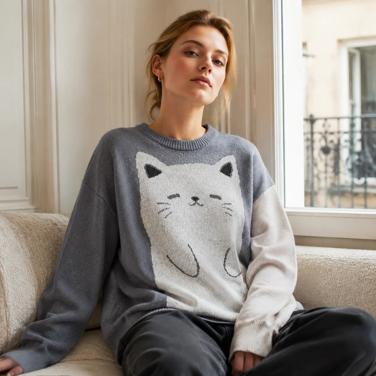 Women Regular Fit Crew Neck Two Tone Cute Wink Cat Graphic Knit Sweater Contrast Color Kitten Print Soft Neutral Casual Fall Winter Knit Pullover Top
