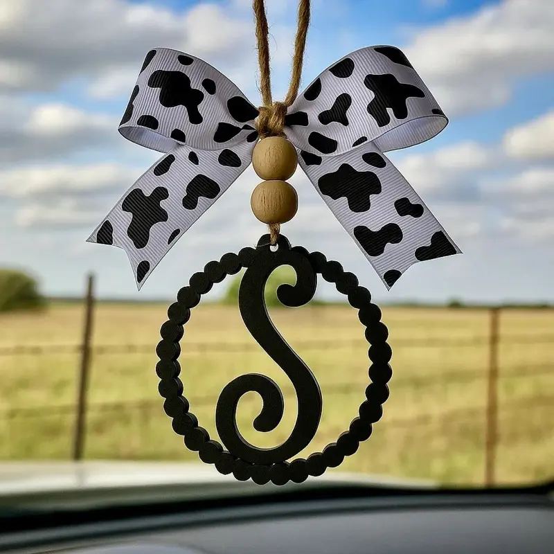 Wooden Monogram Car Charm | Personalized Initial Rearview Mirror Charm | Cow Print Bow | Western Car Accessory | Gift for Her
