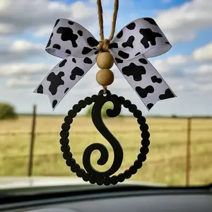 Wooden Monogram Car Charm, Cow Print Bow Single Initial, Country Southern Vibes, Personalized Gift for Her