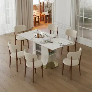 63" Modern 4-6 Person Dining Table Set with Storage, Burnt Stone Tabletop & Gold Solid Wood Base, Includes 6 White PU Chairs for Kitchen, Apartment