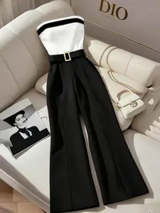 Contrast Halter One-Piece Pants, High-Waisted Wide Leg with Buckle Belt Set, Office Commute, Wedding Guest, Business Casual, Evening Party