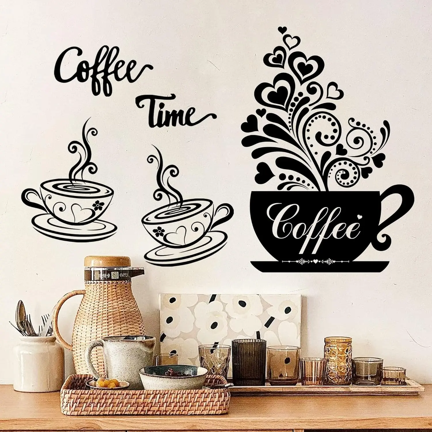 Coffee Cup Wall Decals Vinyl Kitchen Wall Decor Stickers Black Coffee  Sign Decor Flower Wall Art Sticker Removable DIY Coffee Saying Decorations for Home Cafe Shop Coffee Station Bar Pub Office