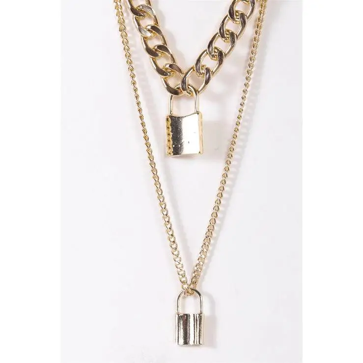 Gold Chunky & Link Chains Padlocks Set Necklace