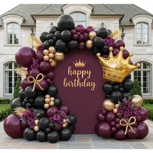 Dark Purple Black Gold Balloon Garland Arch Kit - Double Stuffed Plum Burgundy Balloon with Foil Crown & Gold Long Balloons for Graduation, Mother's Day, P