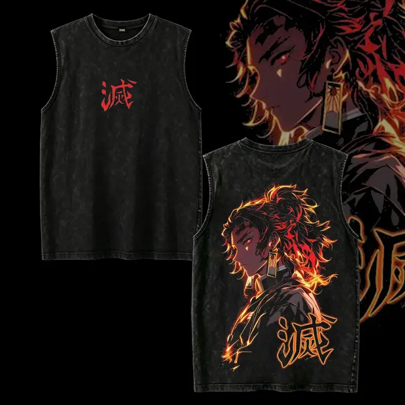 Yoriichi Tsugikuni Washed Tank Top, Demon Slayer Anime Graphic Vest, Vintage Sleeveless Streetwear