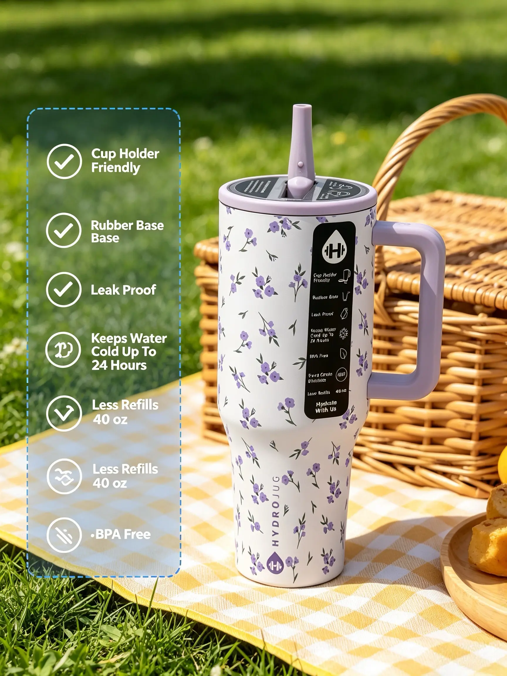 HydroJug 40oz travel mug with purple flowers is a great . It's leak-proof, compatible with  holders, comes with a hygienic flip straw, It's perfect for carrying around. travel  outdoorf cup，large capacity reusable cup，daily use drinkware