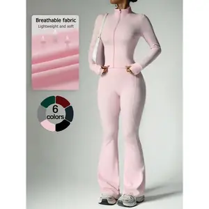 Women's 2-Piece Solid Color Set Long Sleeve Stand Collar Jacket with Thumb Holes, Breathable Yoga for Gym Outdoor Running