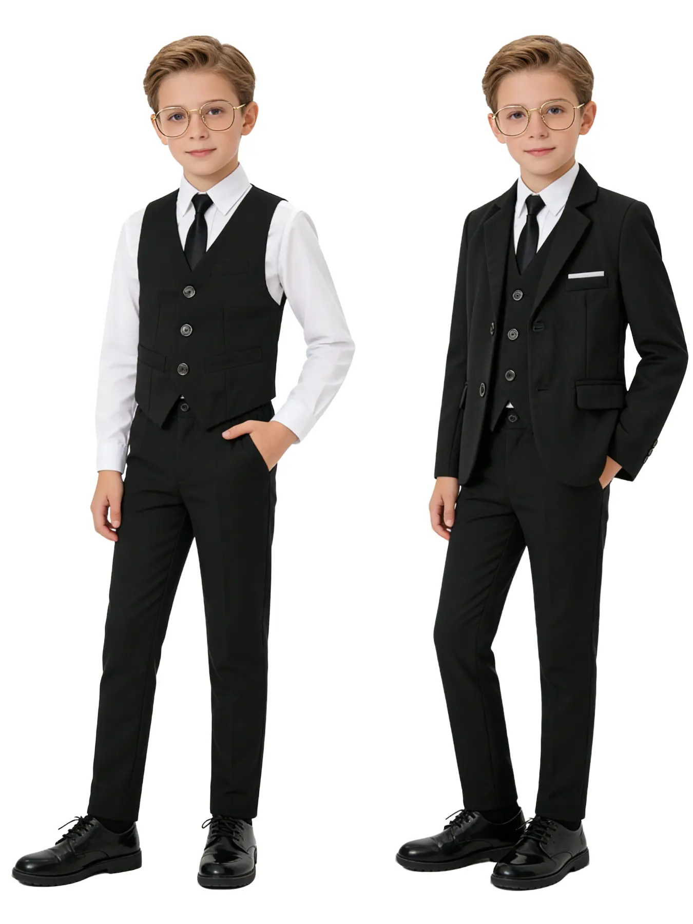 4-Piece Formal Suit Set, Clothes Kids, Outfits Set, for Toddlers, Kids & Teen Boys, Blazer + Vest + Pants + Bow Tie, Elastic Waist, 2 Colors: Black/Navy, Sizes 100-150cm, Formal Outfit for Birthdays, Weddings & Party (Shirt Not Included)-19133