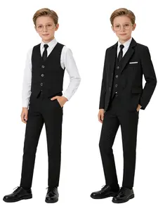 4-Piece Formal Suit Set for Toddlers, Kids & Teen Boys | Blazer + Vest + Pants + Bow Tie | Elastic Waist | 2 Colors: Black/Navy | Sizes 100-150cm | Formal Outfit for Birthdays, Weddings, School Ceremonies, Performances & Party (Shirt Not Included)-19133