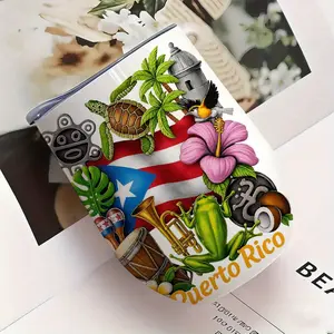 1 Puerto Rico Themed Stainless Steel Insulated Cup - Tropical Flamingo Flower Pattern, Puerto Rico Flag Colors - Double-layer Vacuum Insulated Travel Cup, Suitable for Coffee, Gym, Office Use - Leak-proof Lid Design - Ideal Souvenir for Travelers and Cult
