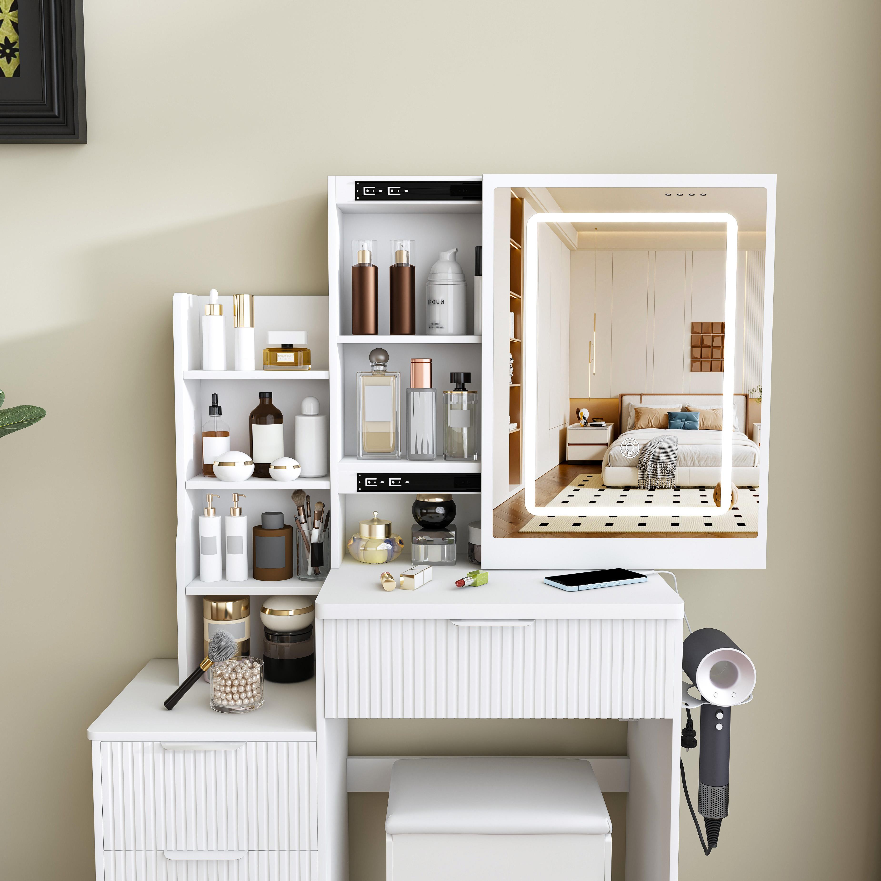 Modern Vanity Desk with LED Lighting 3 Modes & Adjustable Brightness, Makeup Table with 4 Drawers & Storage Shelves, Built-in Power Outlet & Hair Dryer Holder, Easy Assembly